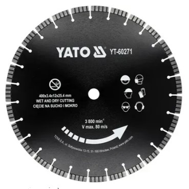 Диск відрізний сегментний алмазний по бетону YATO Ø= 400/25,4x 3.4 мм, в мокрому і сухому режимі YT-60271